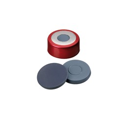 Bouchon bimétallique magnétique avec trou de 8mm rouge ND20 à sertir avec septum en Butyl/PTFE (laminé au PTFE)