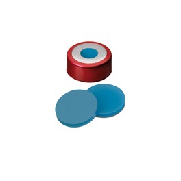 Bouchon bimétallique magnétique avec trou de 8mm rouge ND20 à sertir avec septum en Silicone/PTFE (laminé au PTFE)