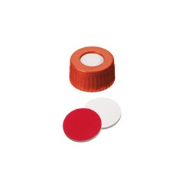 Bouchon ND9 rouge en polypropylène à visser avec septum en Silicone/PTFE Bouchon ND9 rouge en polypropylène à visser avec septum en Silicone/PTFE