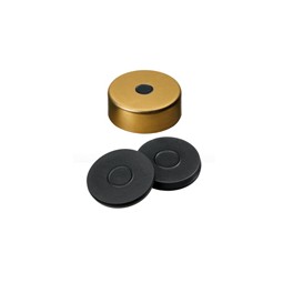 Bouchon magnétique avec trou de 5mm doré ND20 à sertir avec septum en Butyl Bouchon magnétique avec trou de 5mm doré ND20 à sertir avec septum en Butyl