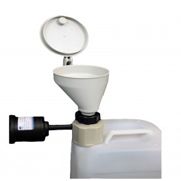Bouchon avec entonnoir avec capôt pour bidon S90 et 1 filetage pour cartouche de charbon actif Bouchon avec entonnoir avec capôt pour bidon S90 et 1 filetage pour cartouche de charbon actif